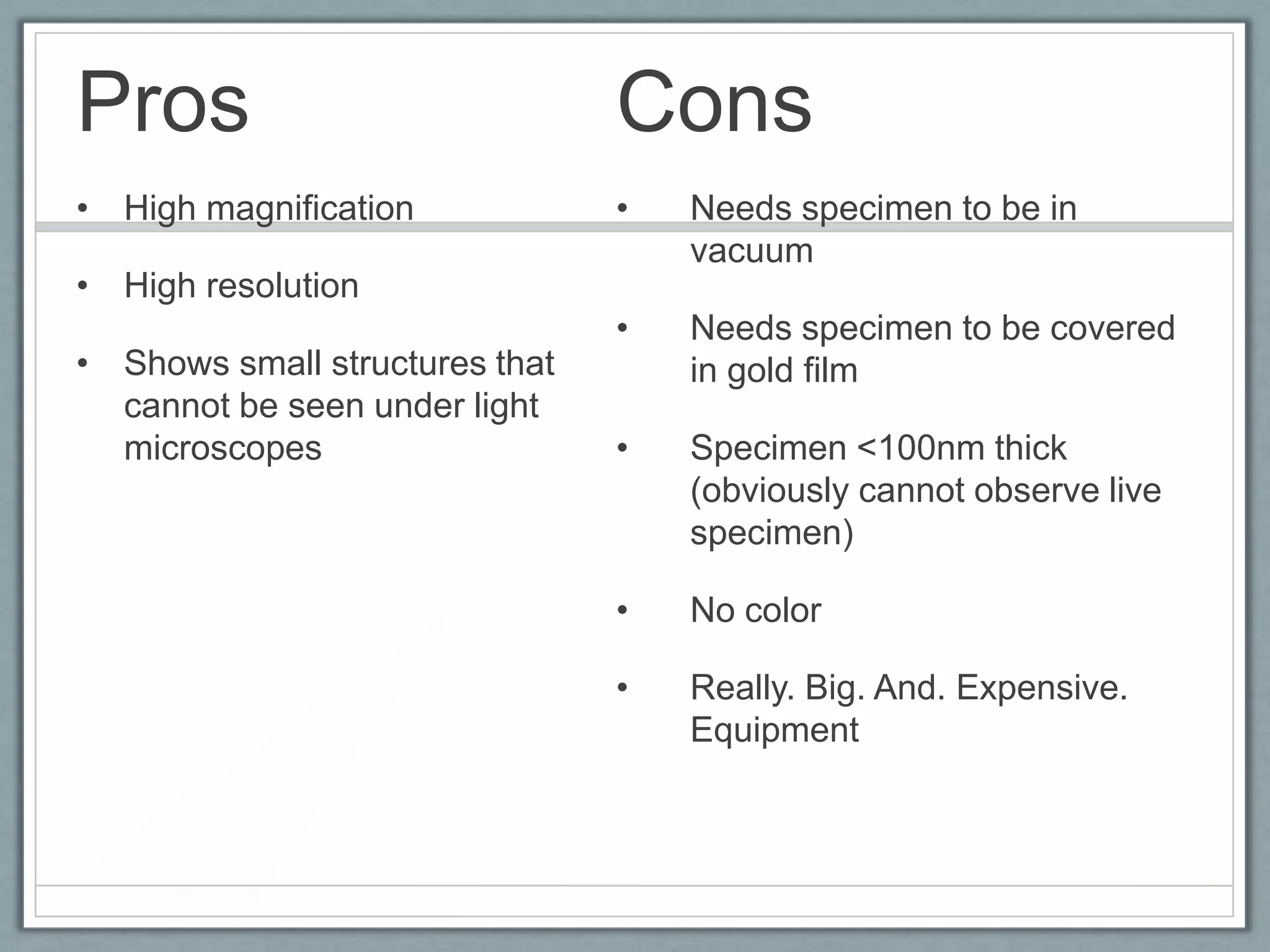 Pros

Cons

• High magnification

•

Needs specimen to be in
vacuum

•

Needs specimen to be covered
in gold film

•

Specimen <100nm thick
(obviously cannot observe live
specimen)

•

No color

•

Really. Big. And. Expensive.
Equipment

• High resolution

• Shows small structures that
cannot be seen under light
microscopes

 