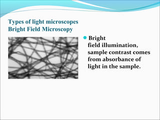 Types of light microscopes
Bright Field Microscopy
Bright
field illumination,
sample contrast comes
from absorbance of
light in the sample.
 