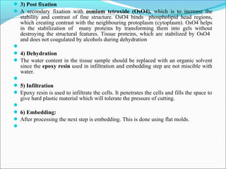  3) Post fixation
 A secondary fixation with osmium tetroxide (OsO4), which is to increase the
stability and contrast of fine structure. OsO4 binds phospholipid head regions,
which creating contrast with the neighbouring protoplasm (cytoplasm). OsO4 helps
in the stabilization of many proteins by transforming them into gels without
destroying the structural features. Tissue proteins, which are stabilized by OsO4
and does not coagulated by alcohols during dehydration

 4) Dehydration
 The water content in the tissue sample should be replaced with an organic solvent
since the epoxy resin used in infiltration and embedding step are not miscible with
water.

 5) Infiltration
 Epoxy resin is used to infiltrate the cells. It penetrates the cells and fills the space to
give hard plastic material which will tolerate the pressure of cutting.

 6) Embedding:
 After processing the next step is embedding. This is done using flat molds.

 