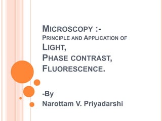 MICROSCOPY :-
PRINCIPLE AND APPLICATION OF
LIGHT,
PHASE CONTRAST,
FLUORESCENCE.
-By
Narottam V. Priyadarshi
 