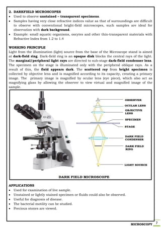 MICROSCOPY 7
2. DARKFIELD MICROSCOPES
 Used to observe unstained – transparent specimens.
 Samples having very close refractive indices value as that of surroundings are difficult
to observe with conventional bright-field microscopes, such samples are ideal for
observation with dark background.
 Example: small aquatic organisms, oocytes and other thin-transparent materials with
Refractive Index from 1.2 to 1.4
WORKING PRINCIPLE
Light from the illumination (light) source from the base of the Microscope stand is aimed
at dark-field ring. Dark-field ring is an opaque disk blocks the central rays of the light.
The marginal/peripheral light rays are directed to sub-stage dark-field condenser lens.
The specimen on the stage is illuminated only with the peripheral oblique rays. As a
result of this, the field appears dark. The scattered ray from bright specimen is
collected by objective lens and is magnified according to its capacity, creating a primary
image. The primary image is magnified by ocular lens (eye piece), which also act as
magnifying glass by allowing the observer to view virtual and magnified image of the
sample.
APPLICATIONS
 Used for examination of live sample.
 Unstained or lightly stained specimen or fluids could also be observed.
 Useful for diagnosis of disease.
 The bacterial motility can be studied.
 Precious stones are viewed.
 