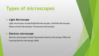 Types of microscopes
 Light Microscope
Light microscopes include Brightfield Microscopes, Darkfield Microscopes,
Phase-contrast Microscopes, Fluorescence Microscopes.
 Electron microscope
Electron microscopes include Transmission Electron Microscope (TEM) and
Scanning Electron Microscope (SEM).
 