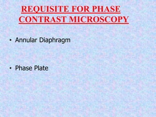REQUISITE FOR PHASE
CONTRAST MICROSCOPY
• Annular Diaphragm
• Phase Plate
 