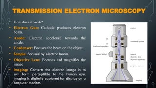 TRANSMISSION ELECTRON MICROSCOPY
• How does it work?
• Electron Gun: Cathode produces electron
beam.
• Anode: Electron accelerate towards the
anode.
• Condenser: Focuses the beam on the object.
• Sample: Focused by electron beam.
• Objective Lens: Focuses and magnifies the
image
• Imaging: Converts the electron image in to
sum form perceptible to the human eye.
Imaging is digitally captured for display on a
computer monitor.
 