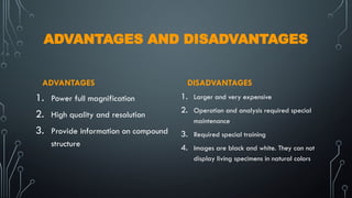 ADVANTAGES AND DISADVANTAGES
ADVANTAGES
1. Power full magnification
2. High quality and resolution
3. Provide information on compound
structure
DISADVANTAGES
1. Larger and very expensive
2. Operation and analysis required special
maintenance
3. Required special training
4. Images are black and white. They can not
display living specimens in natural colors
 