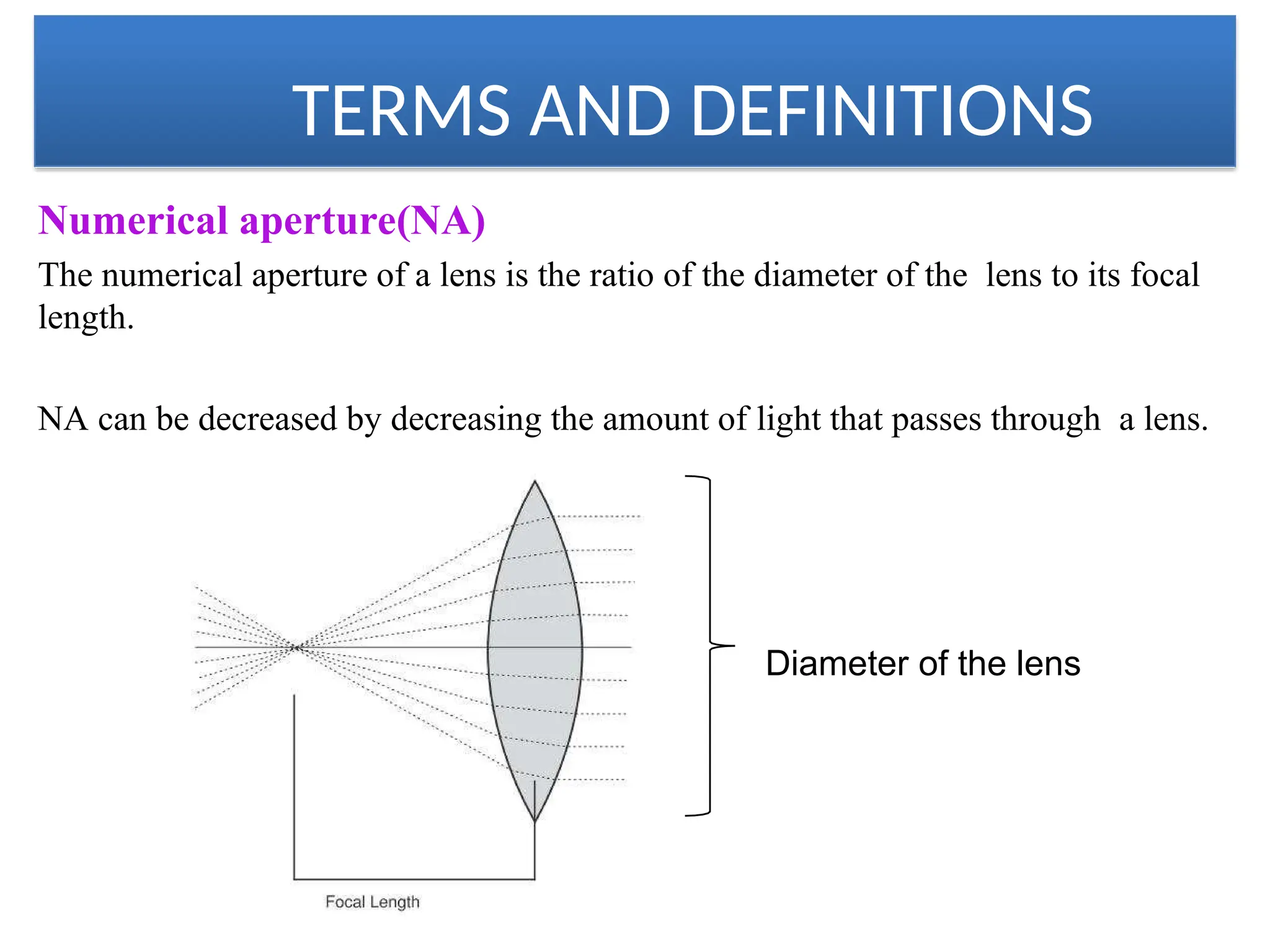TERMS AND DEFINITIONS
Numerical aperture(NA)
The numerical aperture of a lens is the ratio of the diameter of the lens to its focal
length.
NA can be decreased by decreasing the amount of light that passes through a lens.
Diameter of the lens
 