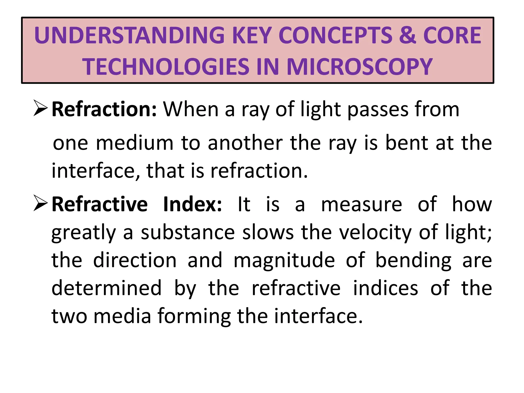 UNDERSTANDING KEY CONCEPTS & CORE
TECHNOLOGIES IN MICROSCOPY
Refraction: When a ray of light passes from
one medium to another the ray is bent at the
interface, that is refraction.
Refractive Index: It is a measure of how
greatly a substance slows the velocity of light;
the direction and magnitude of bending are
determined by the refractive indices of the
two media forming the interface.
 