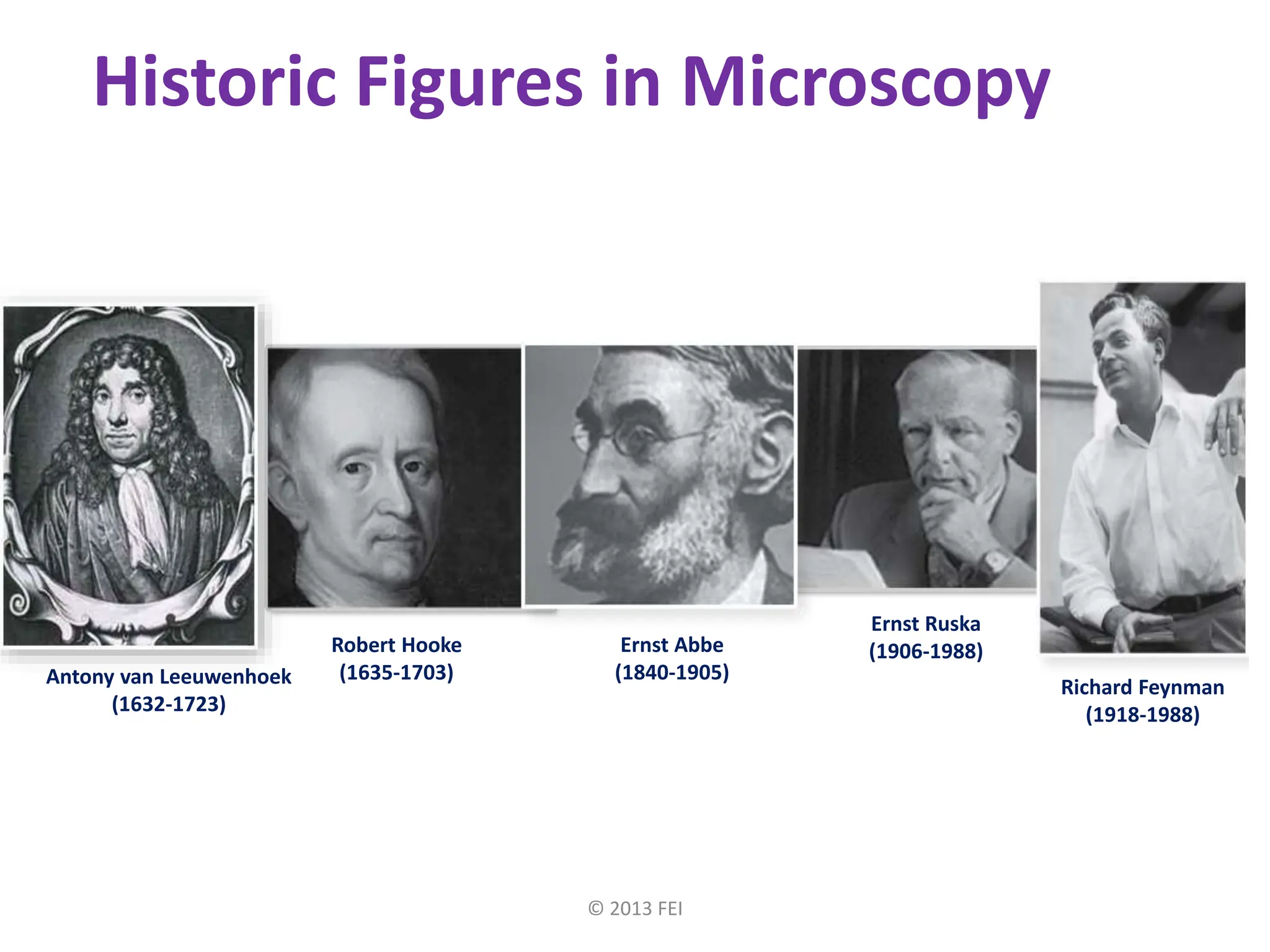© 2013 FEI
Historic Figures in Microscopy
Robert Hooke
(1635-1703)
Ernst Ruska
(1906-1988)
Ernst Abbe
(1840-1905)
Richard Feynman
(1918-1988)
Antony van Leeuwenhoek
(1632-1723)
 