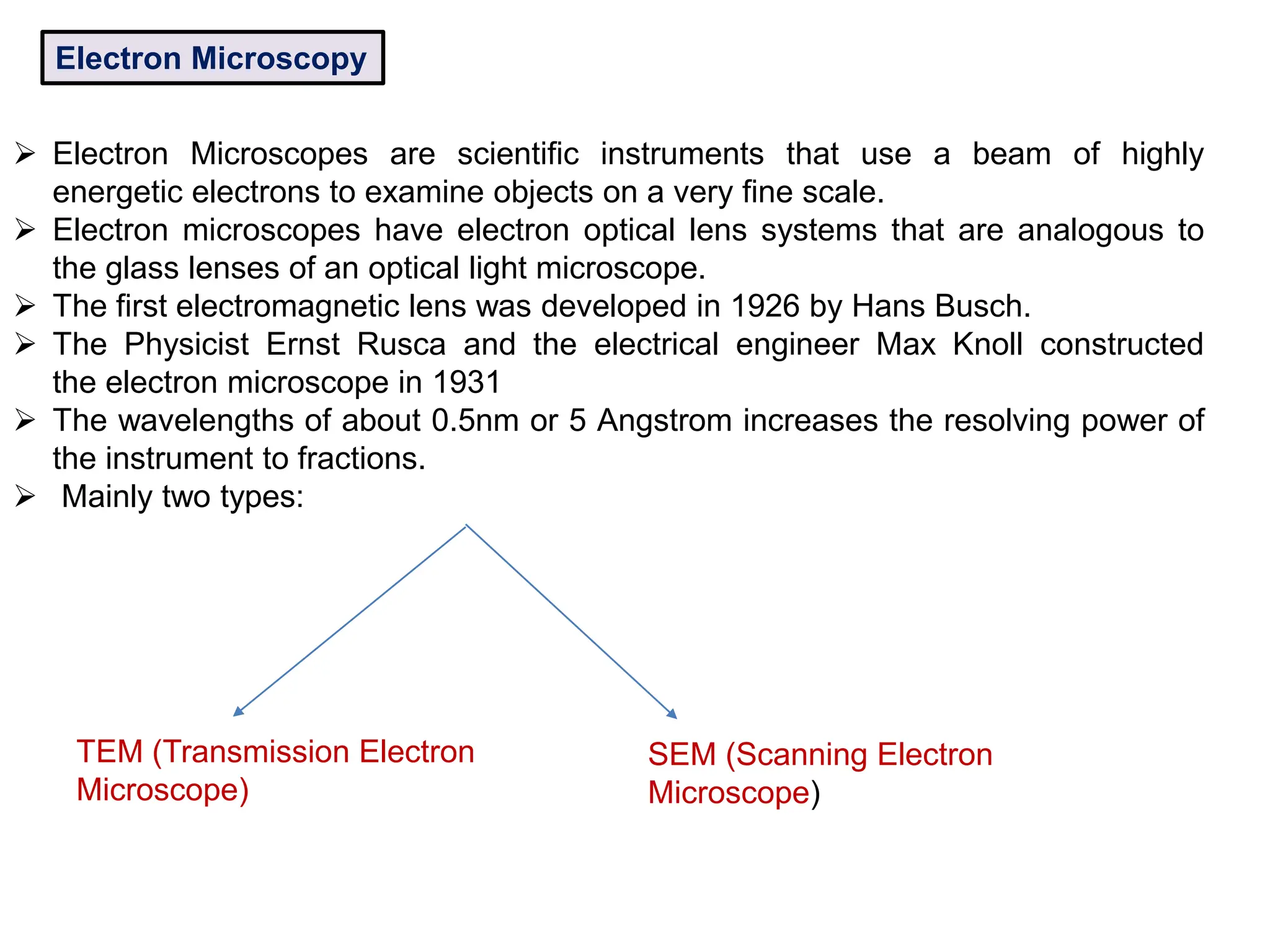 Electron Microscopy
 Electron Microscopes are scientific instruments that use a beam of highly
energetic electrons to examine objects on a very fine scale.
 Electron microscopes have electron optical lens systems that are analogous to
the glass lenses of an optical light microscope.
 The first electromagnetic lens was developed in 1926 by Hans Busch.
 The Physicist Ernst Rusca and the electrical engineer Max Knoll constructed
the electron microscope in 1931
 The wavelengths of about 0.5nm or 5 Angstrom increases the resolving power of
the instrument to fractions.
 Mainly two types:
TEM (Transmission Electron
Microscope)
SEM (Scanning Electron
Microscope)
 