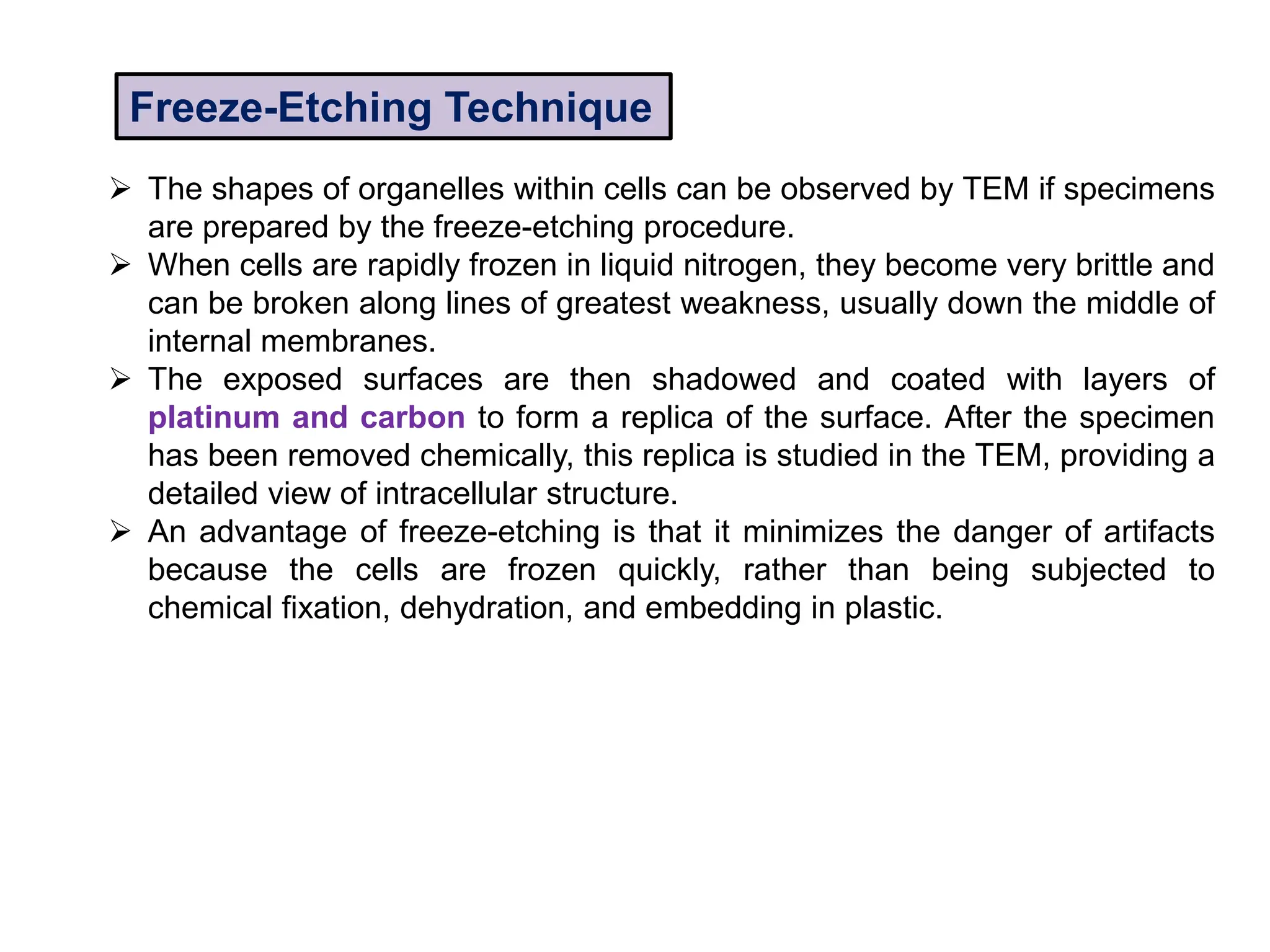  The shapes of organelles within cells can be observed by TEM if specimens
are prepared by the freeze-etching procedure.
 When cells are rapidly frozen in liquid nitrogen, they become very brittle and
can be broken along lines of greatest weakness, usually down the middle of
internal membranes.
 The exposed surfaces are then shadowed and coated with layers of
platinum and carbon to form a replica of the surface. After the specimen
has been removed chemically, this replica is studied in the TEM, providing a
detailed view of intracellular structure.
 An advantage of freeze-etching is that it minimizes the danger of artifacts
because the cells are frozen quickly, rather than being subjected to
chemical fixation, dehydration, and embedding in plastic.
Freeze-Etching Technique
 