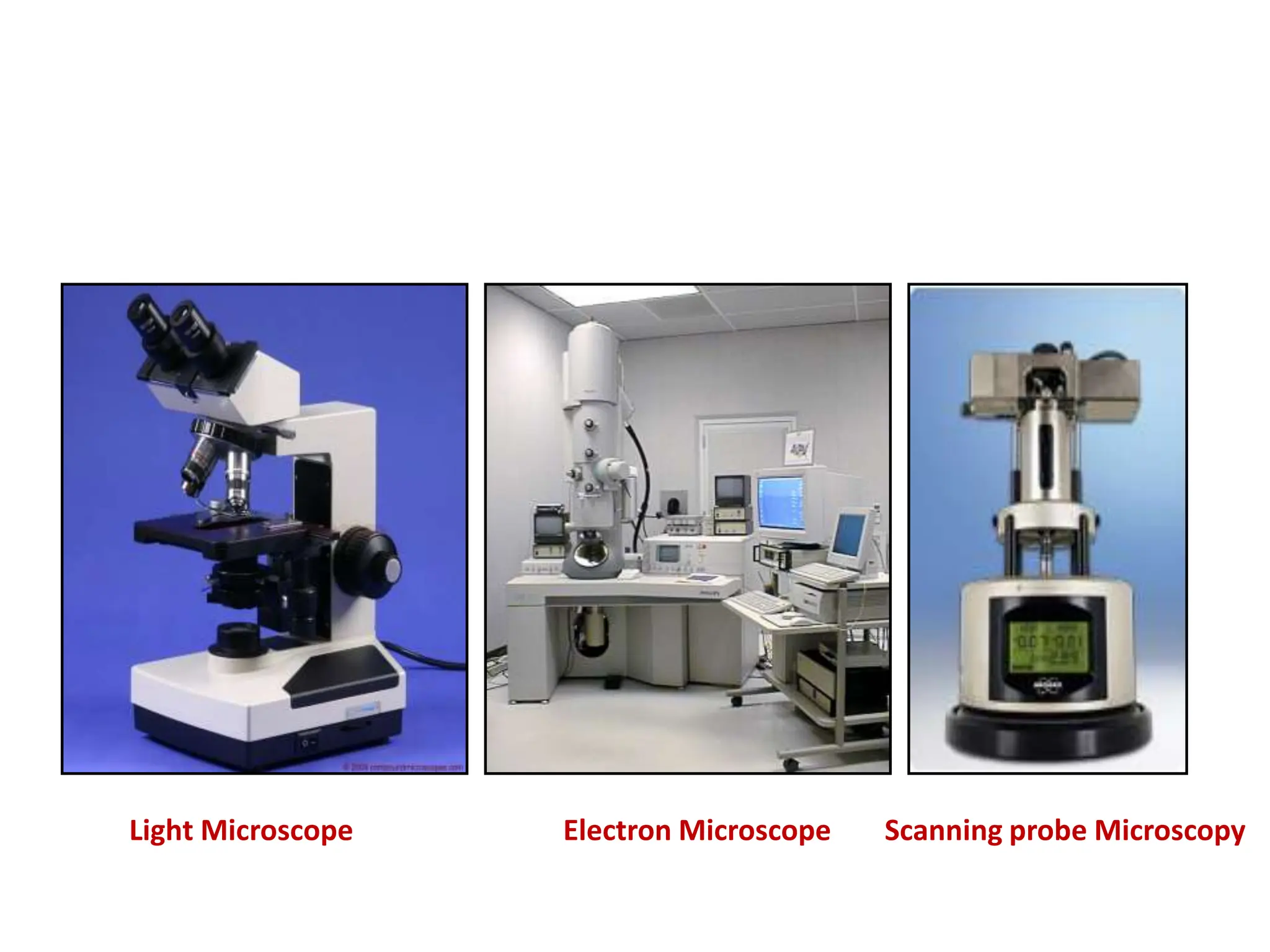 Light Microscope Electron Microscope Scanning probe Microscopy
 