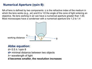 Numerical Aperture (ηsin θ):
NA of lens is defined by two components: η is the refractive index of the medium in
which the lens works (e.g., air) and θ is 1/2 the angle of the cone of light entering an
objective. No lens working in air can have a numerical aperture greater than 1.00.
Most microscopes have a condenser with a numerical aperture b/w 1.2 to 1.4
Abbe equation:
d= 0.5 λ / ηsin θ
d= minimal distance between two objects
λ= wavelength of light
d becomes smaller, the resolution increases
θ
η
working distance
 