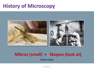 © 2013 FEI
History of Microscopy
Paint on concrete
Human eye cells Trace elements in quartz
Skopeo (look at)
Greek Origin
Mikros (small) +
 