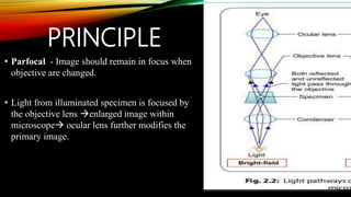 PRINCIPLE
• Parfocal - Image should remain in focus when
objective are changed.
• Light from illuminated specimen is focused by
the objective lens enlarged image within
microscope ocular lens further modifies the
primary image.
 
