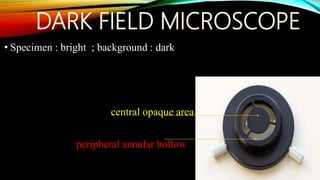 DARK FIELD MICROSCOPE
• Specimen : bright ; background : dark
central opaque area
peripheral annular hollow
 