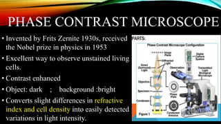 PHASE CONTRAST MICROSCOPE
• Invented by Frits Zernite 1930s, received
the Nobel prize in physics in 1953
• Excellent way to observe unstained living
cells.
• Contrast enhanced
• Object: dark ; background :bright
• Converts slight differences in refractive
index and cell density into easily detected
variations in light intensity.
 