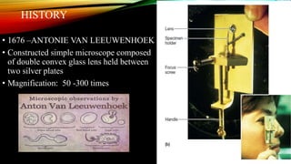 HISTORY
• 1676 –ANTONIE VAN LEEUWENHOEK
• Constructed simple microscope composed
of double convex glass lens held between
two silver plates
• Magnification: 50 -300 times
 