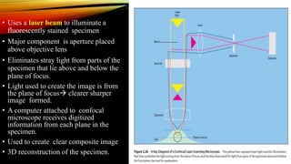 • Uses a laser beam to illuminate a
fluorescently stained specimen
• Major component is aperture placed
above objective lens
• Eliminates stray light from parts of the
specimen that lie above and below the
plane of focus.
• Light used to create the image is from
the plane of focus clearer sharper
image formed.
• A computer attached to confocal
microscope receives digitized
information from each plane in the
specimen.
• Used to create clear composite image
• 3D reconstruction of the specimen.
 