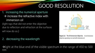 GOOD RESOLUTION
1. increasing the numerical aperture
 increase the refractive index with
immersion oil
(light rays that did not enter the objective
due to reflection and refraction at the surfaces
will now do so.)
2. decreasing the wavelength
light at the blue end of the visible spectrum in the range of 450 to 500
nm
 