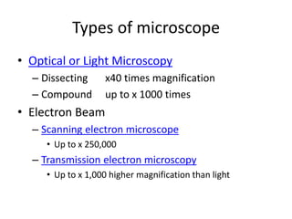 Types of microscope
• Optical or Light Microscopy
– Dissecting x40 times magnification
– Compound up to x 1000 times
• Electron Beam
– Scanning electron microscope
• Up to x 250,000
– Transmission electron microscopy
• Up to x 1,000 higher magnification than light
 
