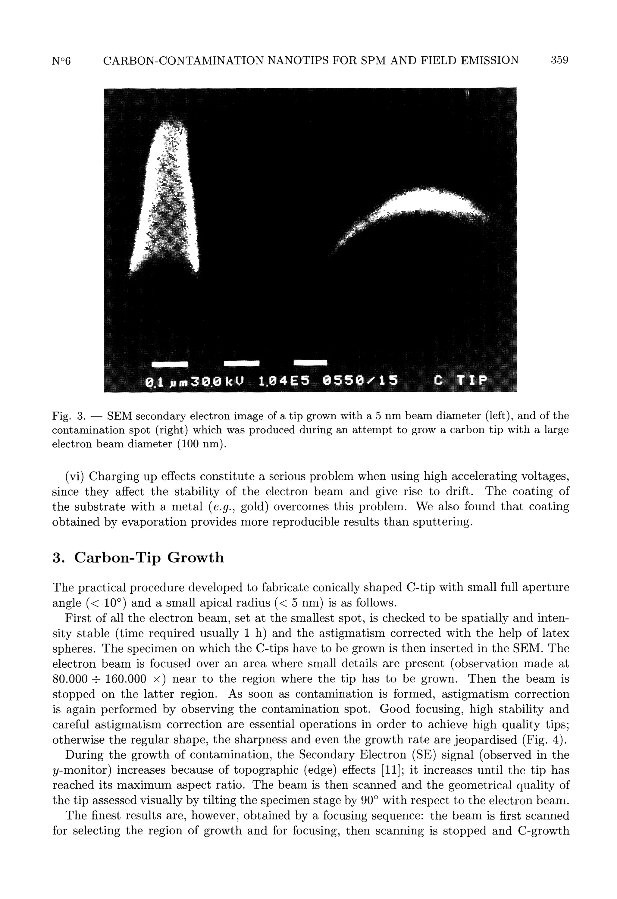 359

SEM secondary electron image of a tip grown with a 5 nm beam diameter (left), and of the
Fig. 3.
contamination spot (right) which was produced during an attempt to grow a carbon tip with a large
electron beam diameter (100 nm).
-

(vi) Charging up effects constitute a serious problem when using high accelerating voltages,
since they affect the stability of the electron beam and give rise to drift. The coating of
the substrate with a metal (e.g., gold) overcomes this problem. We also found that coating
obtained by evaporation provides more reproducible results than sputtering.
3.

Carbon-Tip

Growth

practical procedure developed to fabricate conically shaped C-tip with small full aperture
angle « 10° ) and a small apical radius « 5 nm) is as follows.
First of all the electron beam, set at the smallest spot, is checked to be spatially and intensity stable (time required usually 1 h) and the astigmatism corrected with the help of latex
spheres. The specimen on which the C-tips have to be grown is then inserted in the SEM. The
The

electron beam is focused over an area where small details are present (observation made at
80.000 2013 160.000 x ) near to the region where the tip has to be grown. Then the beam is
stopped on the latter region. As soon as contamination is formed, astigmatism correction
is again performed by observing the contamination spot. Good focusing, high stability and
careful astigmatism correction are essential operations in order to achieve high quality tips;
otherwise the regular shape, the sharpness and even the growth rate are jeopardised (Fig. 4).
During the growth of contamination, the Secondary Electron (SE) signal (observed in the
y-monitor) increases because of topographic (edge) effects [11] ; it increases until the tip has
reached its maximum aspect ratio. The beam is then scanned and the geometrical quality of
the tip assessed visually by tilting the specimen stage by 90° with respect to the electron beam.
The finest results are, however, obtained by a focusing sequence: the beam is first scanned
for selecting the region of growth and for focusing, then scanning is stopped and C-growth

 