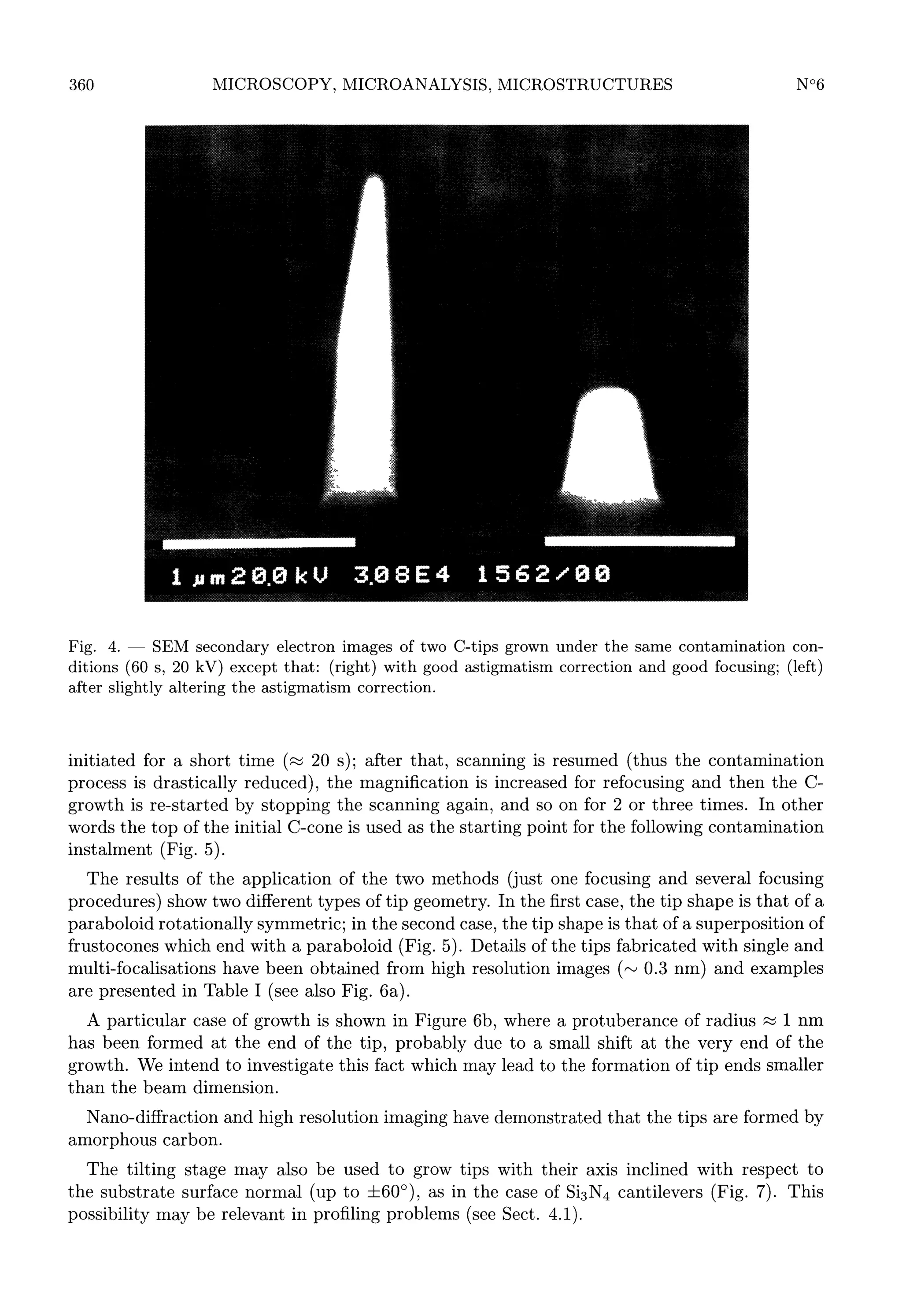 360

SEM secondary electron images of two C-tips grown under the same contamination conFig. 4.
ditions (60 s, 20 kV) except that: (right) with good astigmatism correction and good focusing; (left)
after slightly altering the astigmatism correction.
-

a short time (~ 20 s); after that, scanning is resumed (thus the contamination
drastically reduced), the magnificat ion is increased for refocusing and then the Cgrowth is re-started by stopping the scanning again, and so on for 2 or three times. In other
words the top of the initial C-cone is used as the starting point for the following contamination

initiated for

process is

instalment

(Fig. 5).

(just one focusing and several focusing
In the first case, the tip shape is that of a
paraboloid rotationally symmetric; in the second case, the tip shape is that of a superposition of
frustocones which end with a paraboloid (Fig. 5). Details of the tips fabricated with single and
multi-focalisations have been obtained from high resolution images (N 0.3 nm) and examples
are presented in Table I (see also Fig. 6a).
The results of the

application of

the two methods

procedures) show two different types of tip geometry.

A particular case of growth is shown in Figure 6b, where a protuberance of radius 1 nm
has been formed at the end of the tip, probably due to a small shift at the very end of the
growth. We intend to investigate this fact which may lead to the formation of tip ends smaller
than the beam dimension.
Nano-diffraction and

amorphous carbon.
The tilting stage

high resolution imaging have demonstrated that

the

tips

are

formed

by

may also be used to grow tips with their axis inclined with respect to
the substrate surface normal (up to =b60°), as in the case of Si3N4 cantilevers (Fig. 7). This
possibility may be relevant in profiling problems (see Sect. 4.1).

 