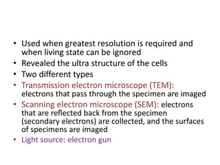 • Used when greatest resolution is required and
when living state can be ignored
• Revealed the ultra structure of the cells
• Two different types
• Transmission electron microscope (TEM):
electrons that pass through the specimen are imaged
• Scanning electron microscope (SEM): electrons
that are reﬂected back from the specimen
(secondary electrons) are collected, and the surfaces
of specimens are imaged
• Light source: electron gun
 