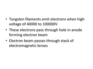 • Tungsten filaments emit electrons when high
voltage of 40000 to 100000V
• These electrons pass through hole in anode
forming electron beam
• Electron beam passes through stack of
electromagnetic lenses
 