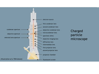 Scanning probe microscope Charged particle microscope
Optical (light) microscope
Optical (light)
microscope
objective lens
light beam
specimen
light source
Scanning
probe
microscope
laser diode
X, Y piezoelectric
scanner
Z piezoelectric
scanner
cantilever
sample
(stationary)
mirror
multiple segmentphotodiode
(position sensitive detector)
Charged
particle
microscope
objective aperture
selected area aperture
condenser aperture
electron source
first condenser lens
second condenser lens
fluorescent screen
microcondenser lens
specimen (thin)
objective imaging lens
objective condenser lens
diffraction lens
intermediate lens
first projector lens
second projector lens
projector chamber
(Illustration of a TEM shown)
 