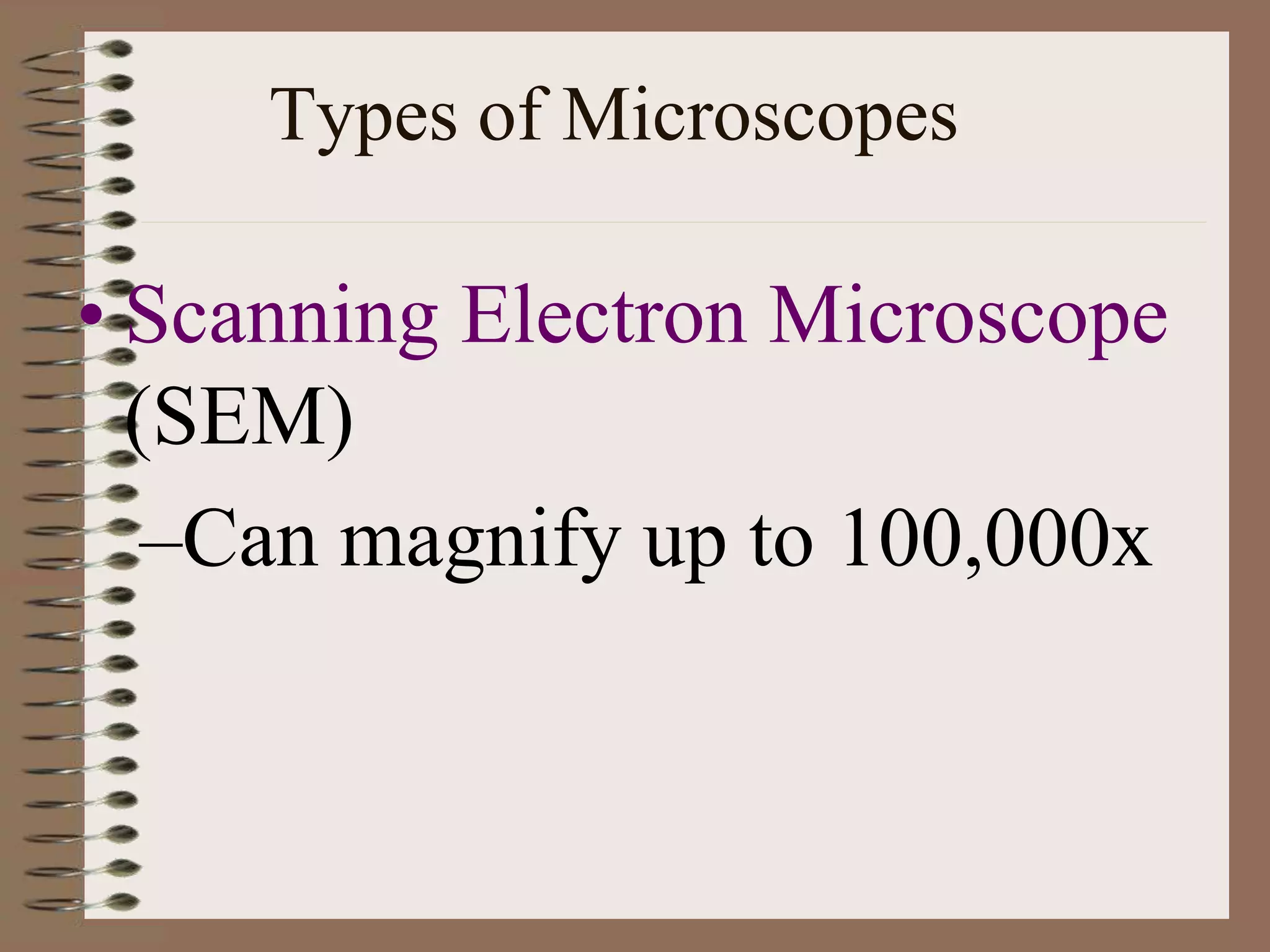 Types of Microscopes
• Scanning Electron Microscope
(SEM)
–Can magnify up to 100,000x
 