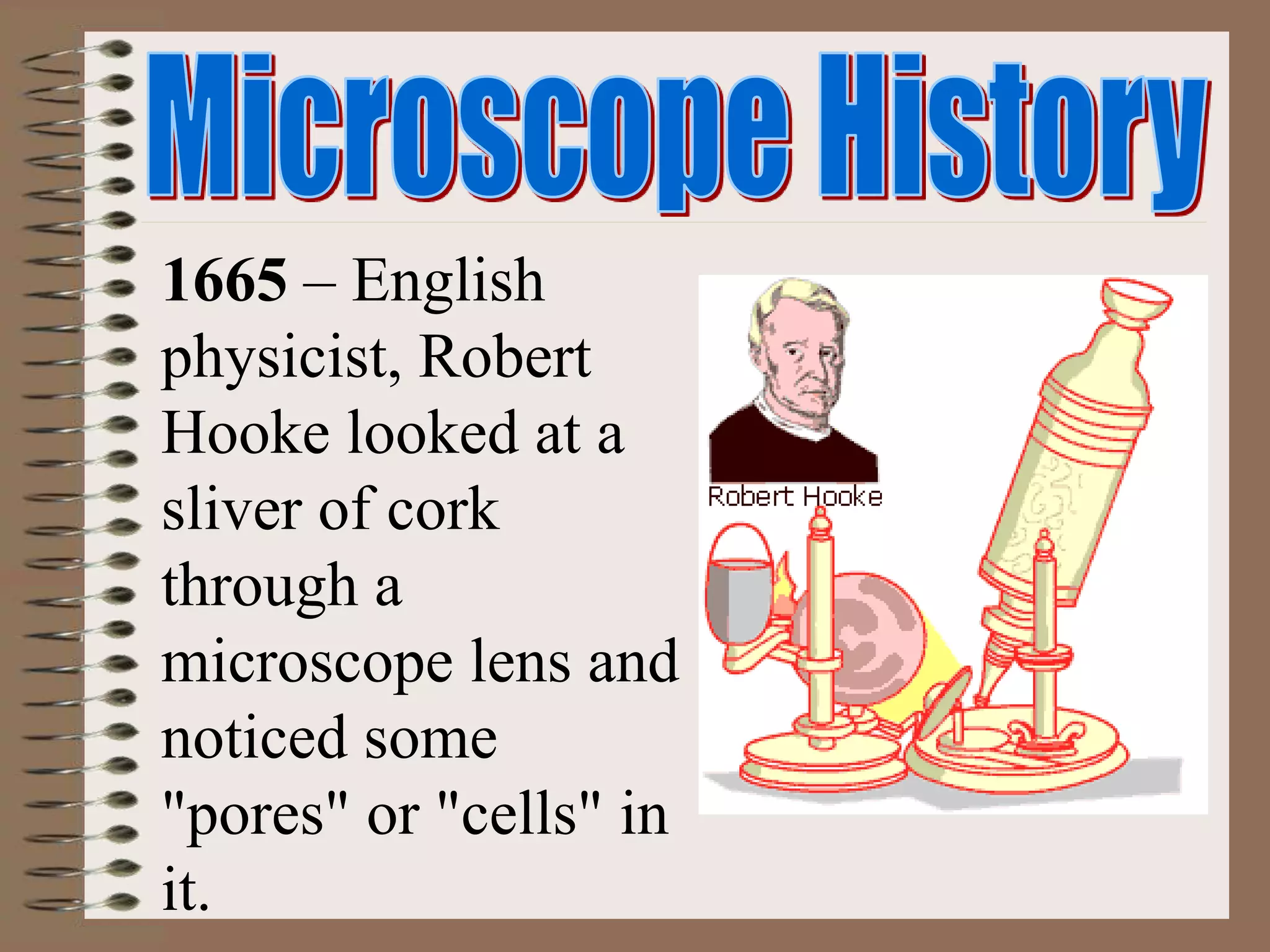 1665 – English
physicist, Robert
Hooke looked at a
sliver of cork
through a
microscope lens and
noticed some
"pores" or "cells" in
it.
 