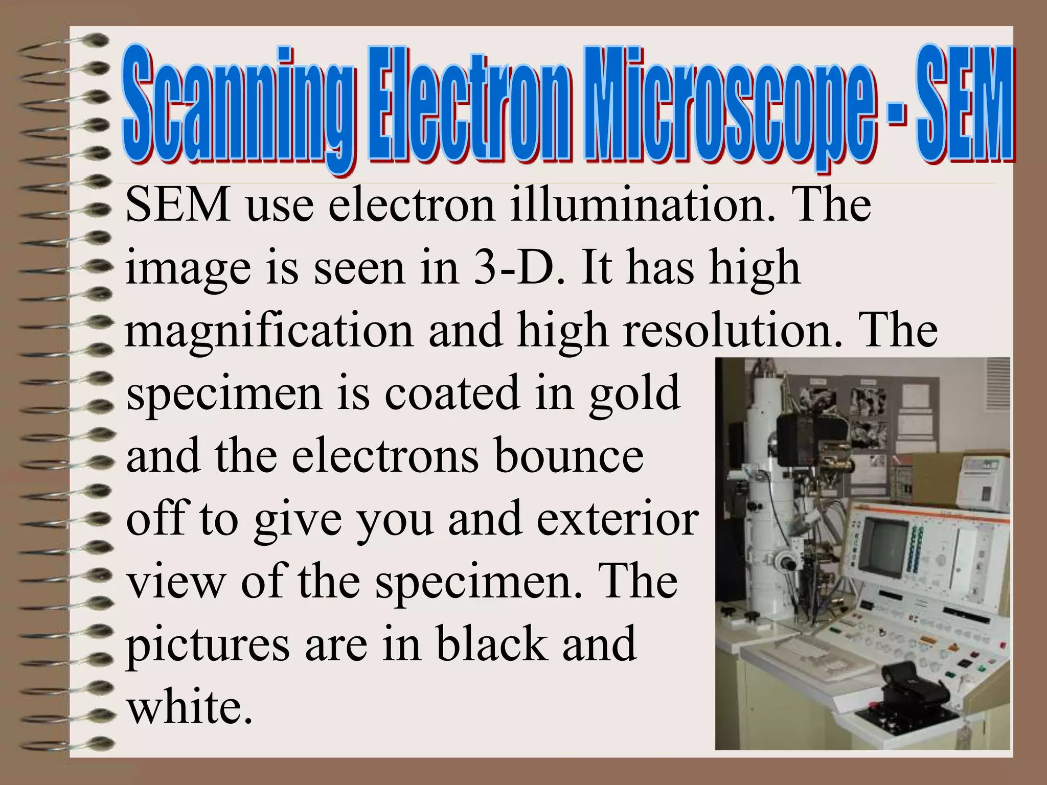 SEM use electron illumination. The
image is seen in 3-D. It has high
magnification and high resolution. The
specimen is coated in gold
and the electrons bounce
off to give you and exterior
view of the specimen. The
pictures are in black and
white.
 
