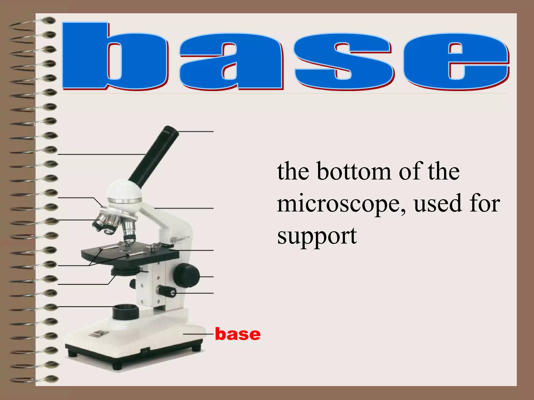 base
the bottom of the
microscope, used for
support
 