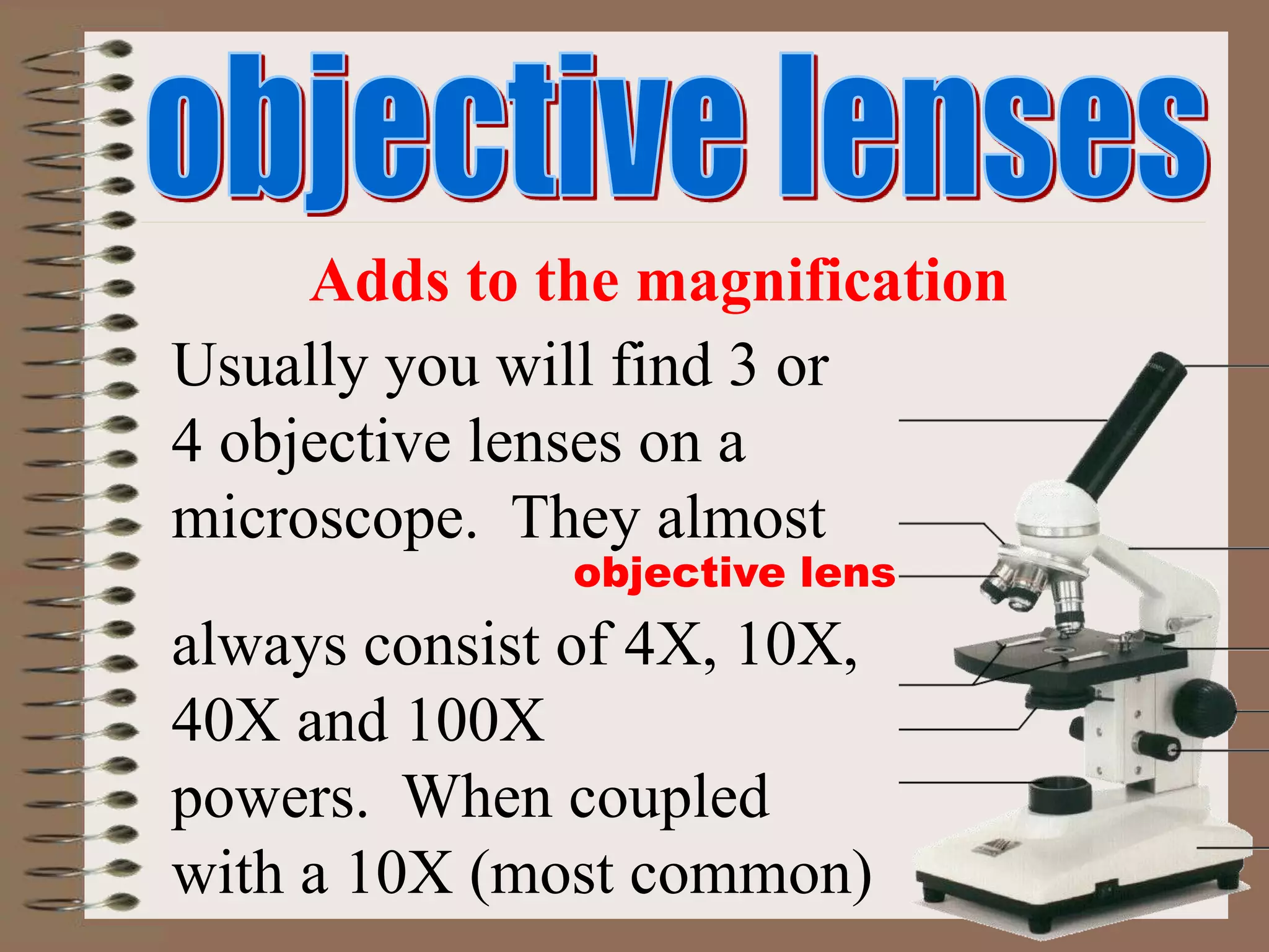 objective lens
Adds to the magnification
Usually you will find 3 or
4 objective lenses on a
microscope. They almost
always consist of 4X, 10X,
40X and 100X
powers. When coupled
with a 10X (most common)
 