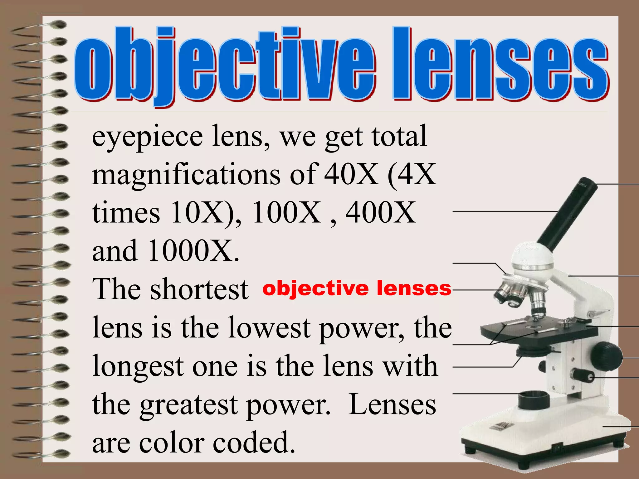objective lenses
eyepiece lens, we get total
magnifications of 40X (4X
times 10X), 100X , 400X
and 1000X.
The shortest
lens is the lowest power, the
longest one is the lens with
the greatest power. Lenses
are color coded.
 
