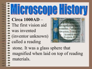 Circa 1000AD –
The first vision aid
was invented
(inventor unknown)
called a reading
stone. It was a glass sphere that
magnified when laid on top of reading
materials.
 