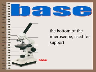 base
the bottom of the
microscope, used for
support
 
