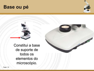 Page  18
Base ou pé
Constitui a base
de suporte de
todos os
elementos do
microscópio.
 