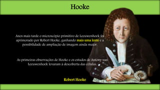 Hooke
Robert Hooke
Anos mais tarde o microscópio primitivo de Leeuwenhoek foi
aprimorado por Robert Hooke, ganhando mais uma lente e a
possibilidade de ampliação de imagem ainda maior.
As primeiras observações de Hooke e os estudos de Antony van
Leeuwenhoek levaram à descoberta das células.
 