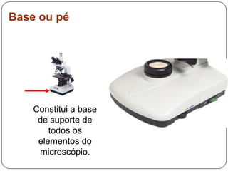 Base ou pé
Constitui a base
de suporte de
todos os
elementos do
microscópio.
 