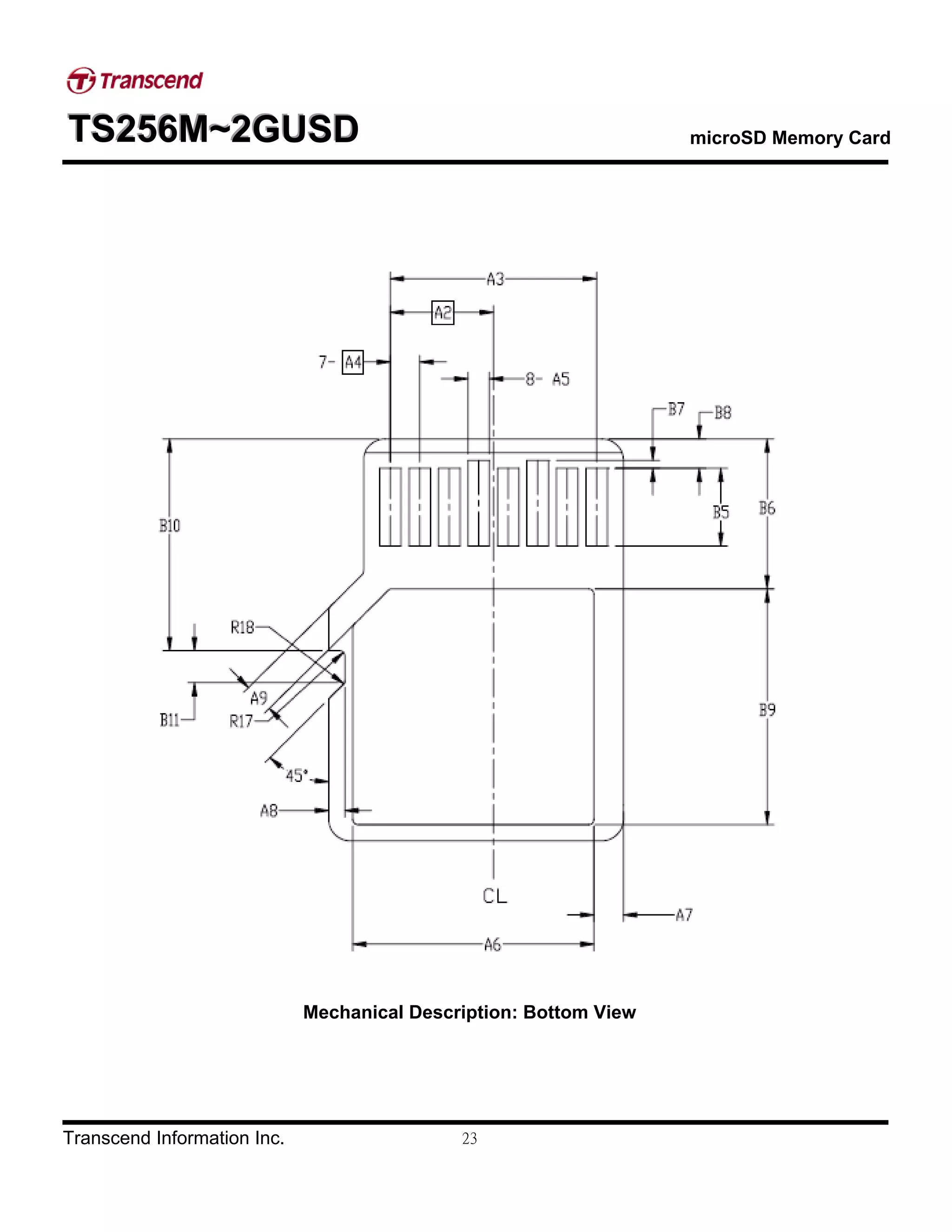 TTTSSS222555666MMM~~~222GGGUUUSSSDDD microSD Memory Card
Transcend Information Inc. 23
Mechanical Description: Bottom View
 