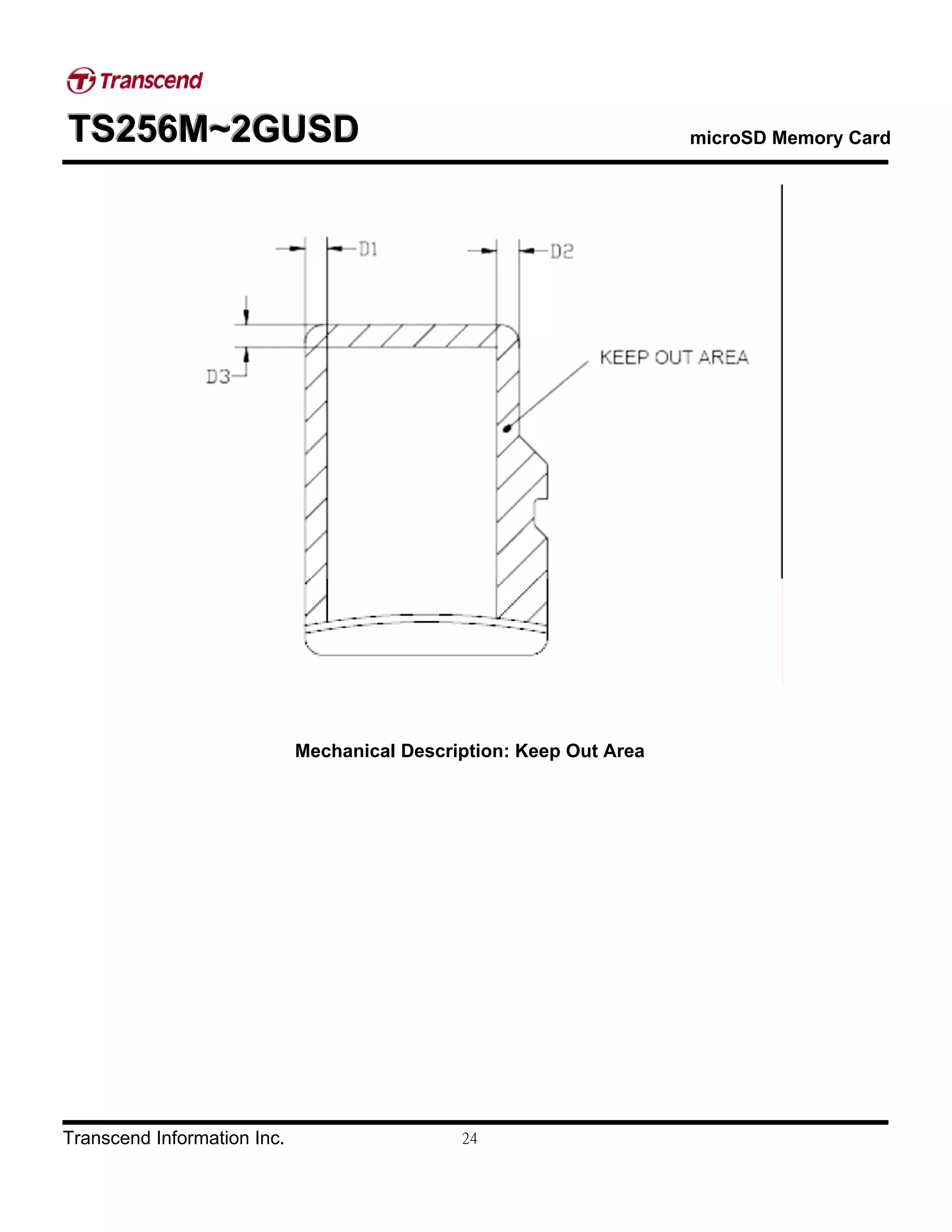 TTTSSS222555666MMM~~~222GGGUUUSSSDDD microSD Memory Card
Transcend Information Inc. 24
Mechanical Description: Keep Out Area
 