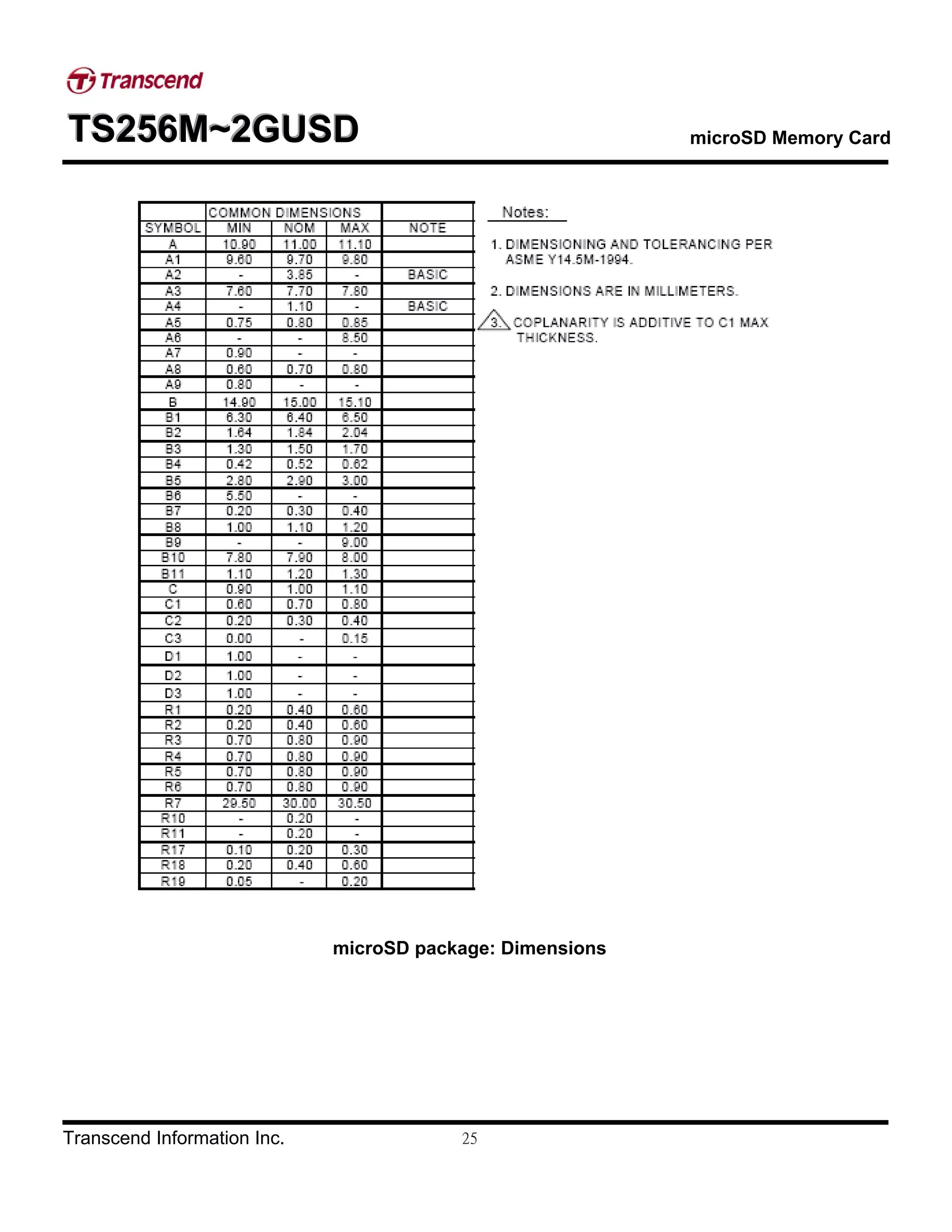 TTTSSS222555666MMM~~~222GGGUUUSSSDDD microSD Memory Card
Transcend Information Inc. 25
microSD package: Dimensions
 
