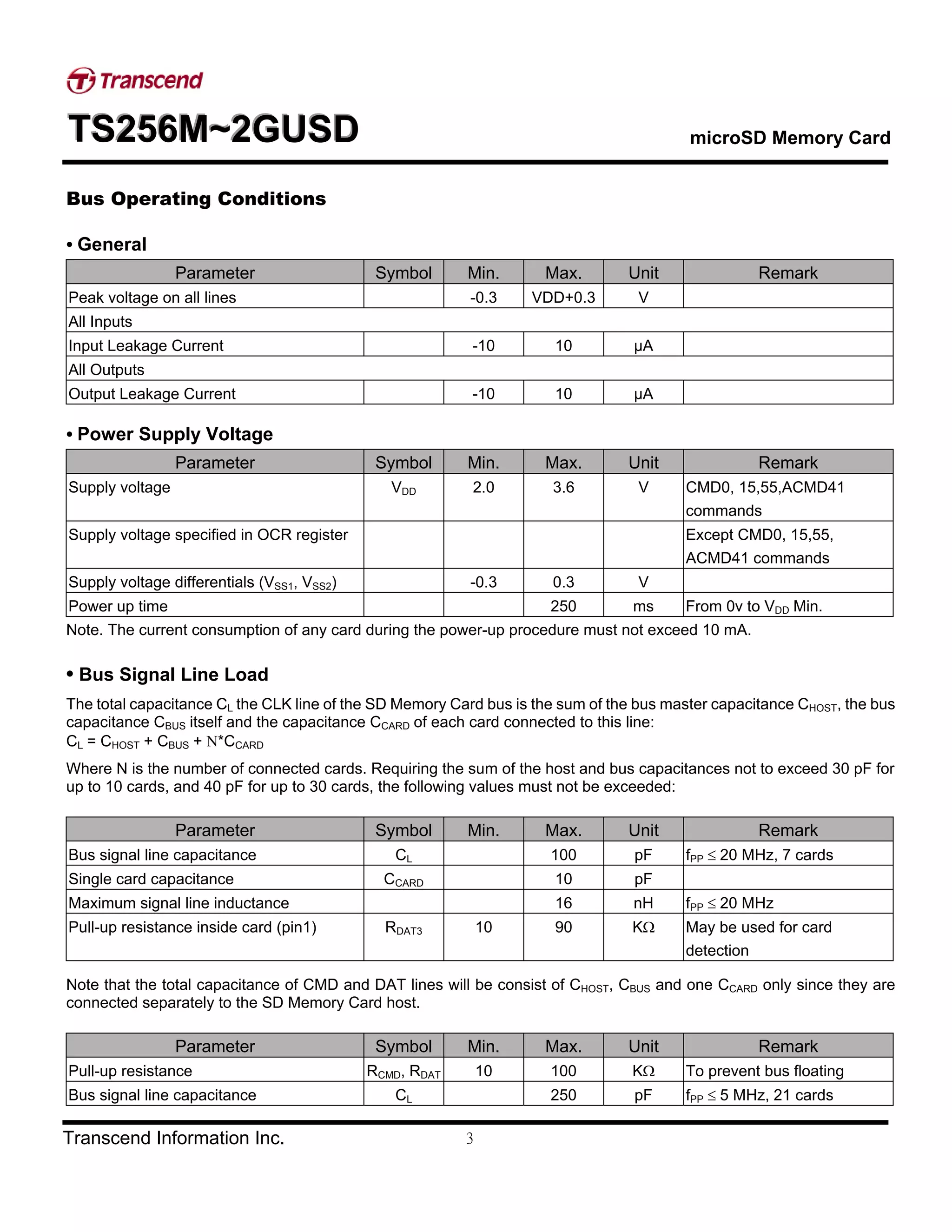 TTTSSS222555666MMM~~~222GGGUUUSSSDDD microSD Memory Card
Transcend Information Inc. 3
Bus Operating Conditions
• General
Parameter Symbol Min. Max. Unit Remark
Peak voltage on all lines -0.3 VDD+0.3 V
All Inputs
Input Leakage Current -10 10 µA
All Outputs
Output Leakage Current -10 10 µA
• Power Supply Voltage
Parameter Symbol Min. Max. Unit Remark
Supply voltage VDD 2.0 3.6 V CMD0, 15,55,ACMD41
commands
Supply voltage specified in OCR register Except CMD0, 15,55,
ACMD41 commands
Supply voltage differentials (VSS1, VSS2) -0.3 0.3 V
Power up time 250 ms From 0v to VDD Min.
Note. The current consumption of any card during the power-up procedure must not exceed 10 mA.
• Bus Signal Line Load
The total capacitance CL the CLK line of the SD Memory Card bus is the sum of the bus master capacitance CHOST, the bus
capacitance CBUS itself and the capacitance CCARD of each card connected to this line:
CL = CHOST + CBUS + Ν*CCARD
Where N is the number of connected cards. Requiring the sum of the host and bus capacitances not to exceed 30 pF for
up to 10 cards, and 40 pF for up to 30 cards, the following values must not be exceeded:
Parameter Symbol Min. Max. Unit Remark
Bus signal line capacitance CL 100 pF fPP ≤ 20 MHz, 7 cards
Single card capacitance CCARD 10 pF
Maximum signal line inductance 16 nH fPP ≤ 20 MHz
Pull-up resistance inside card (pin1) RDAT3 10 90 KΩ May be used for card
detection
Note that the total capacitance of CMD and DAT lines will be consist of CHOST, CBUS and one CCARD only since they are
connected separately to the SD Memory Card host.
Parameter Symbol Min. Max. Unit Remark
Pull-up resistance RCMD, RDAT 10 100 KΩ To prevent bus floating
Bus signal line capacitance CL 250 pF fPP ≤ 5 MHz, 21 cards
 