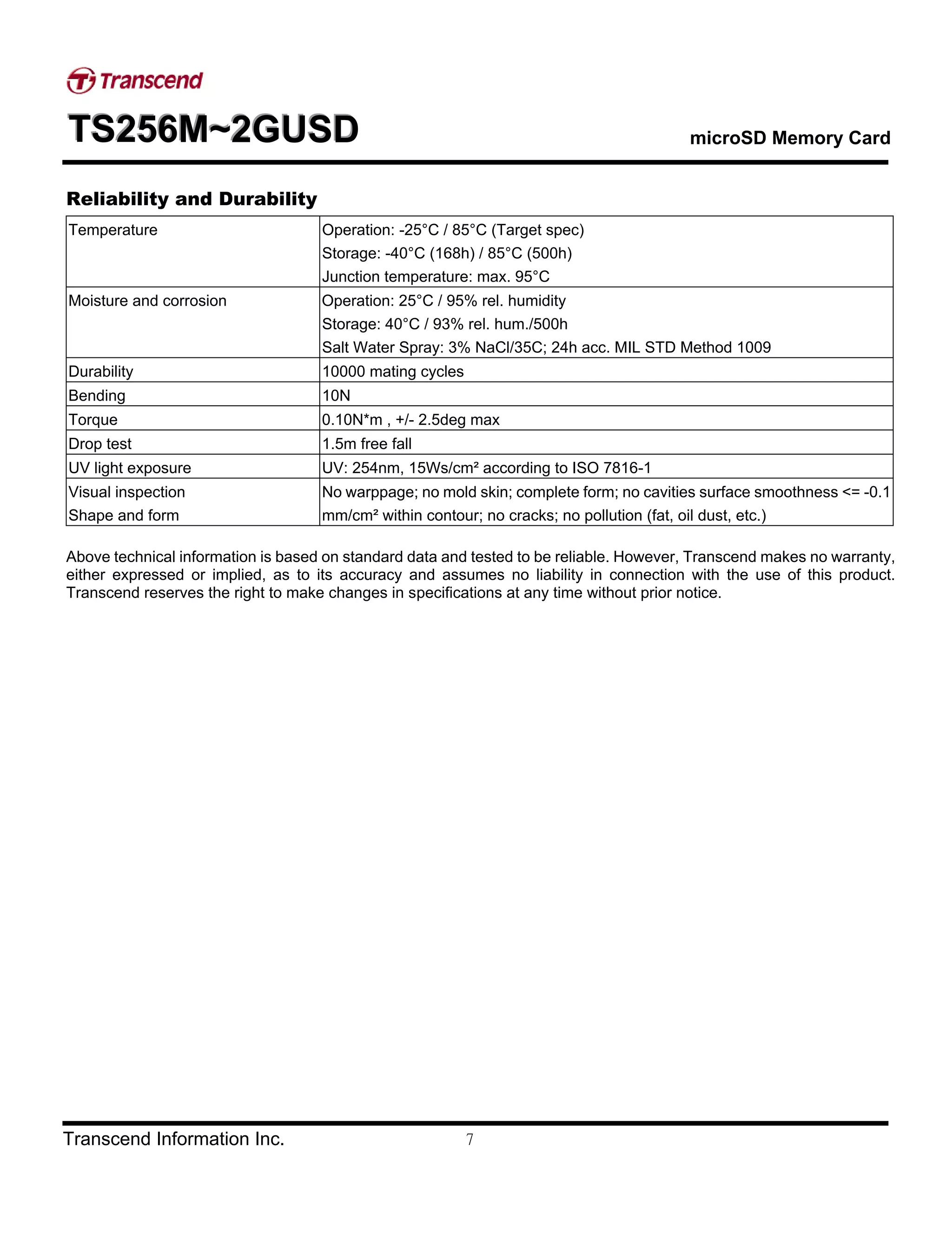 TTTSSS222555666MMM~~~222GGGUUUSSSDDD microSD Memory Card
Transcend Information Inc. 7
Reliability and Durability
Temperature Operation: -25°C / 85°C (Target spec)
Storage: -40°C (168h) / 85°C (500h)
Junction temperature: max. 95°C
Moisture and corrosion Operation: 25°C / 95% rel. humidity
Storage: 40°C / 93% rel. hum./500h
Salt Water Spray: 3% NaCl/35C; 24h acc. MIL STD Method 1009
Durability 10000 mating cycles
Bending 10N
Torque 0.10N*m , +/- 2.5deg max
Drop test 1.5m free fall
UV light exposure UV: 254nm, 15Ws/cm² according to ISO 7816-1
Visual inspection
Shape and form
No warppage; no mold skin; complete form; no cavities surface smoothness <= -0.1
mm/cm² within contour; no cracks; no pollution (fat, oil dust, etc.)
Above technical information is based on standard data and tested to be reliable. However, Transcend makes no warranty,
either expressed or implied, as to its accuracy and assumes no liability in connection with the use of this product.
Transcend reserves the right to make changes in specifications at any time without prior notice.
 