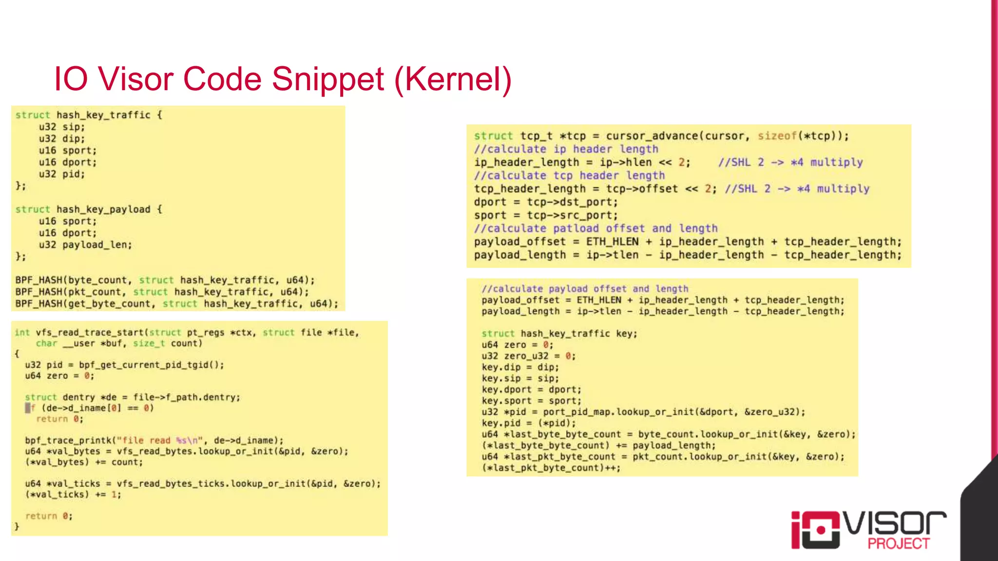 IO Visor Code Snippet (Kernel)
www.iovisor.org
 