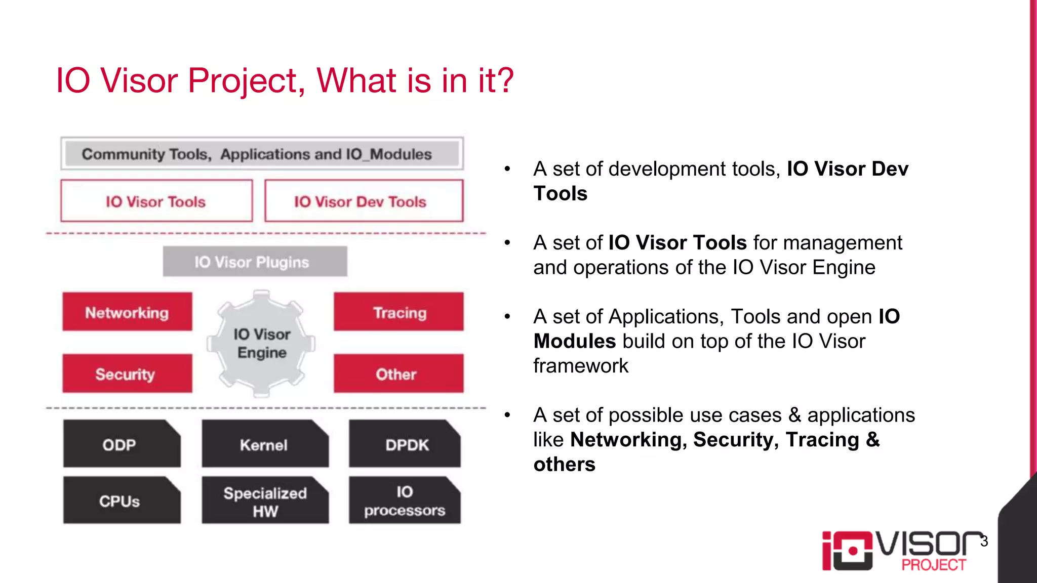 IO Visor Project, What is in it?
• A set of development tools, IO Visor Dev
Tools
• A set of IO Visor Tools for management
and operations of the IO Visor Engine
• A set of Applications, Tools and open IO
Modules build on top of the IO Visor
framework
• A set of possible use cases & applications
like Networking, Security, Tracing &
others
3
 
