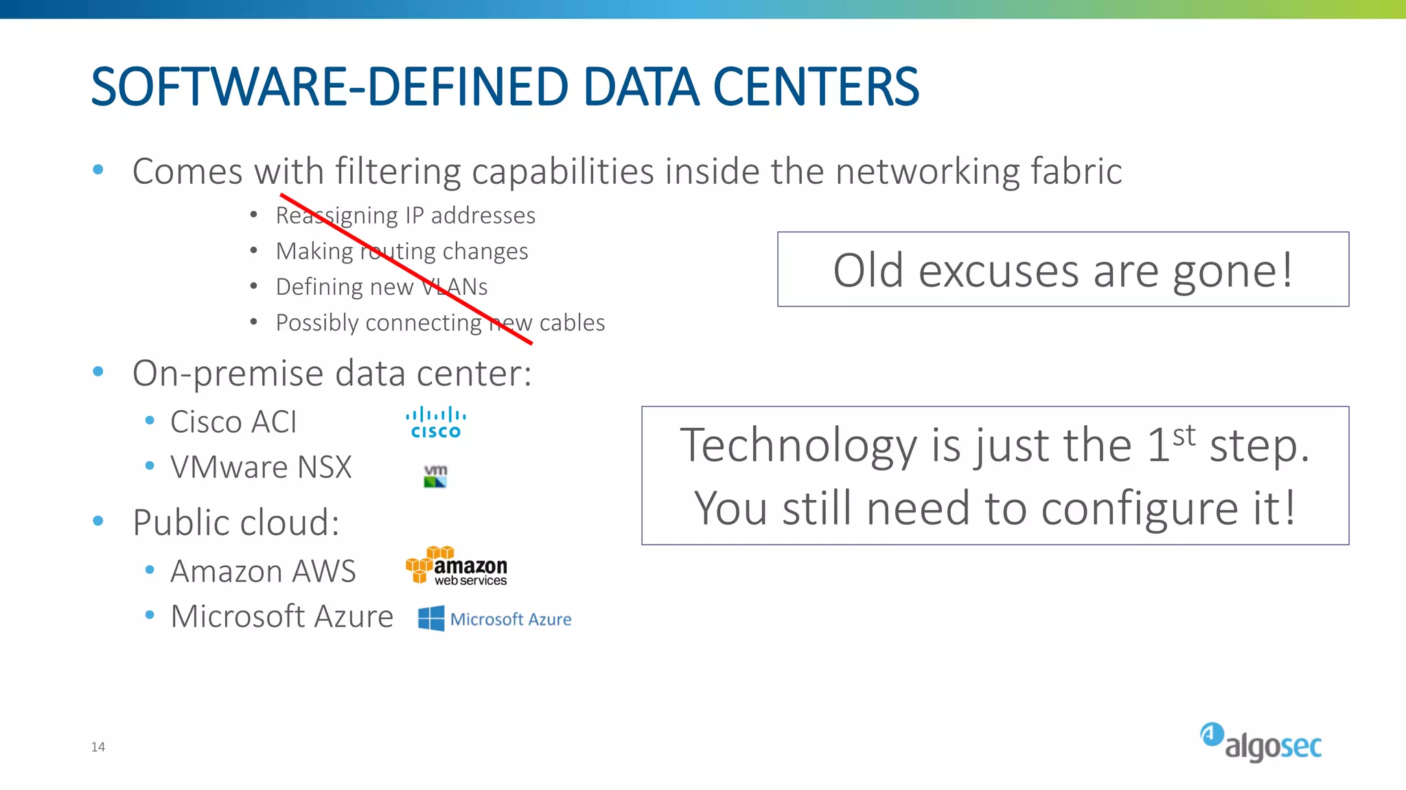 SOFTWARE-DEFINED DATA CENTERS
• Comes with filtering capabilities inside the networking fabric
• Reassigning IP addresses
• Making routing changes
• Defining new VLANs
• Possibly connecting new cables
• On-premise data center:
• Cisco ACI
• VMware NSX
• Public cloud:
• Amazon AWS
• Microsoft Azure
Old excuses are gone!
Technology is just the 1st step.
You still need to configure it!
14
 