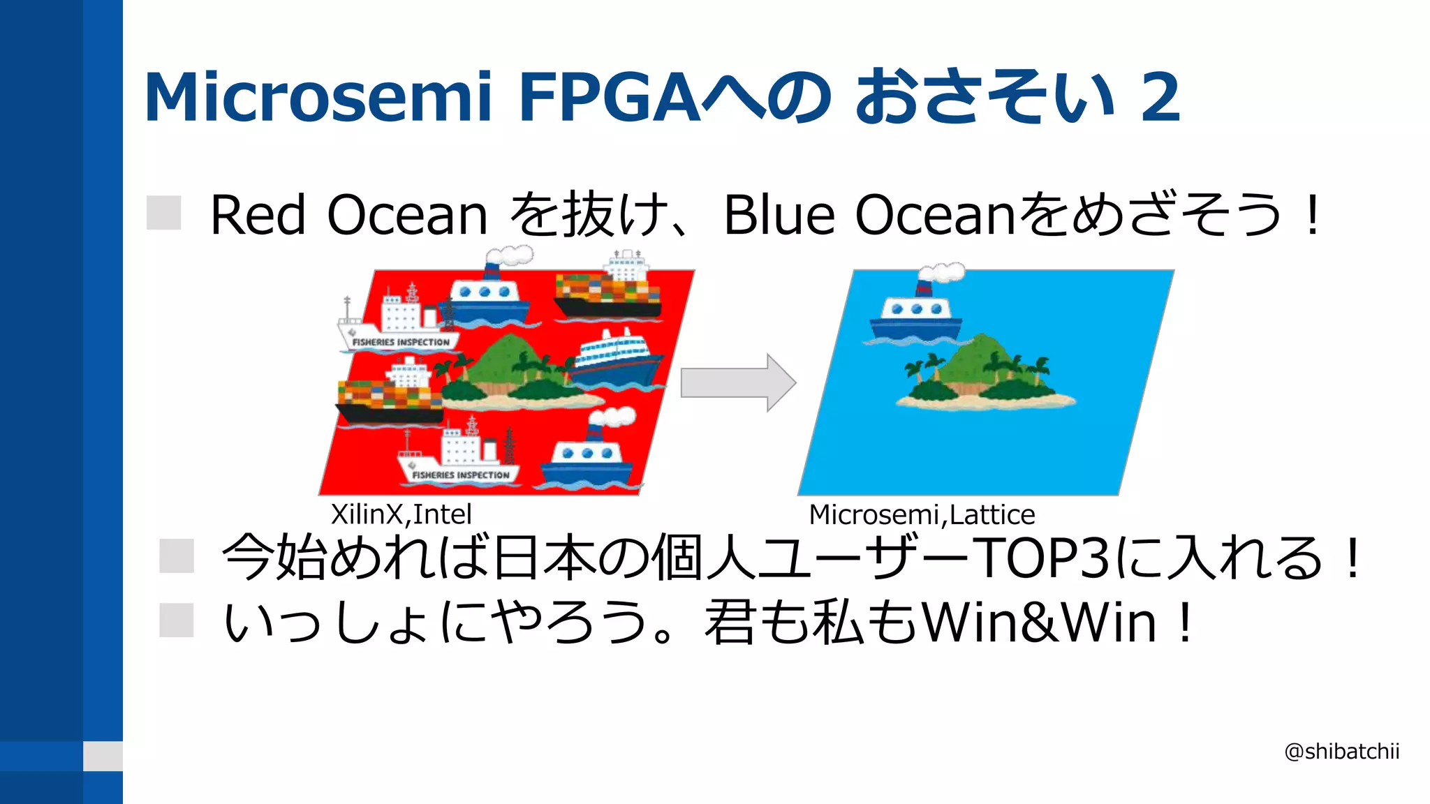Microsemi FPGAへの おさそい 2
 Red Ocean を抜け、Blue Oceanをめざそう！
@shibatchii
 今始めれば日本の個人ユーザーTOP3に入れる！
 いっしょにやろう。君も私もWin&Win！
XilinX,Intel Microsemi,Lattice
 