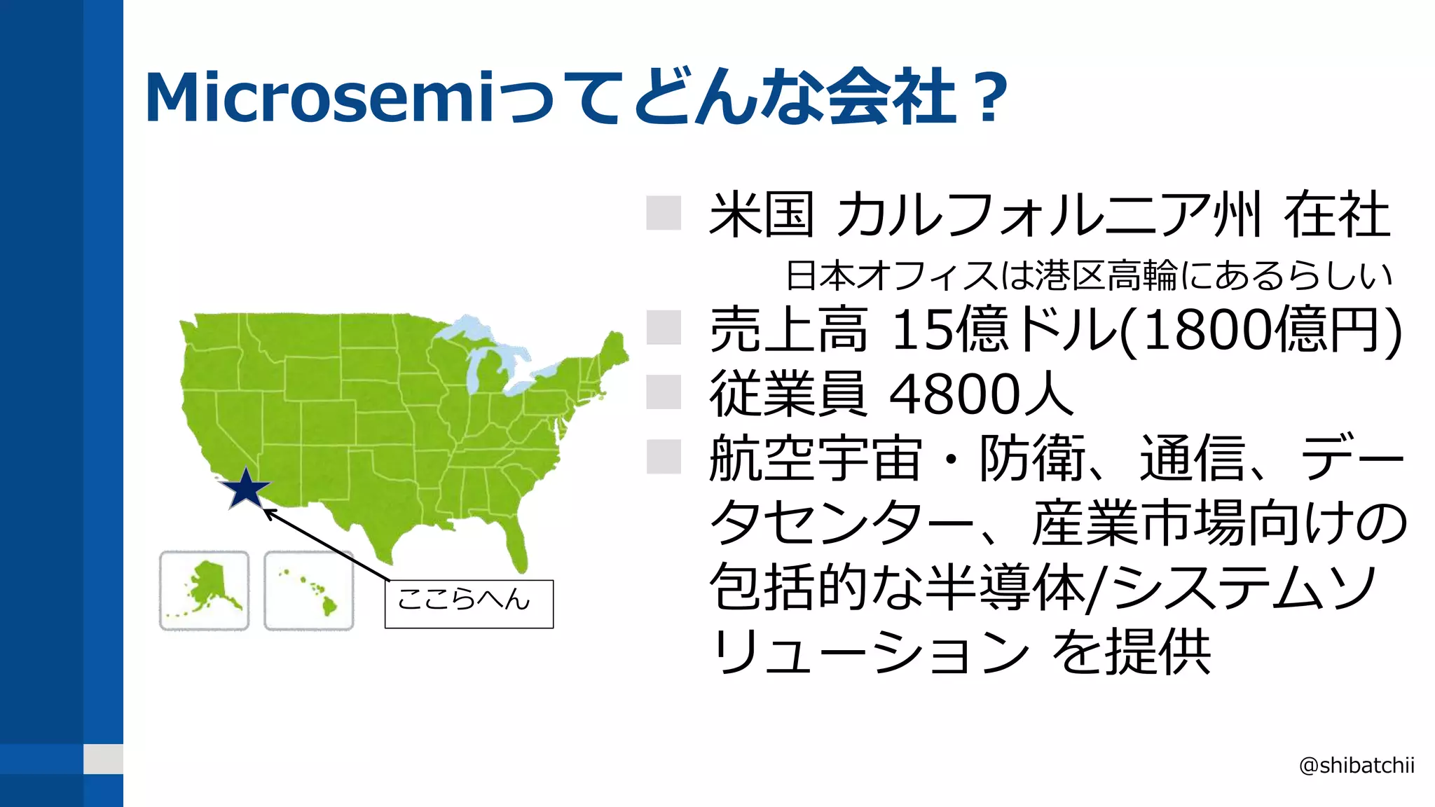Microsemiってどんな会社？
 米国 カルフォルニア州 在社
日本オフィスは港区高輪にあるらしい
 売上高 15億ドル(1800億円)
 従業員 4800人
 航空宇宙・防衛、通信、デー
タセンター、産業市場向けの
包括的な半導体/システムソ
リューション を提供
@shibatchii
ここらへん
 